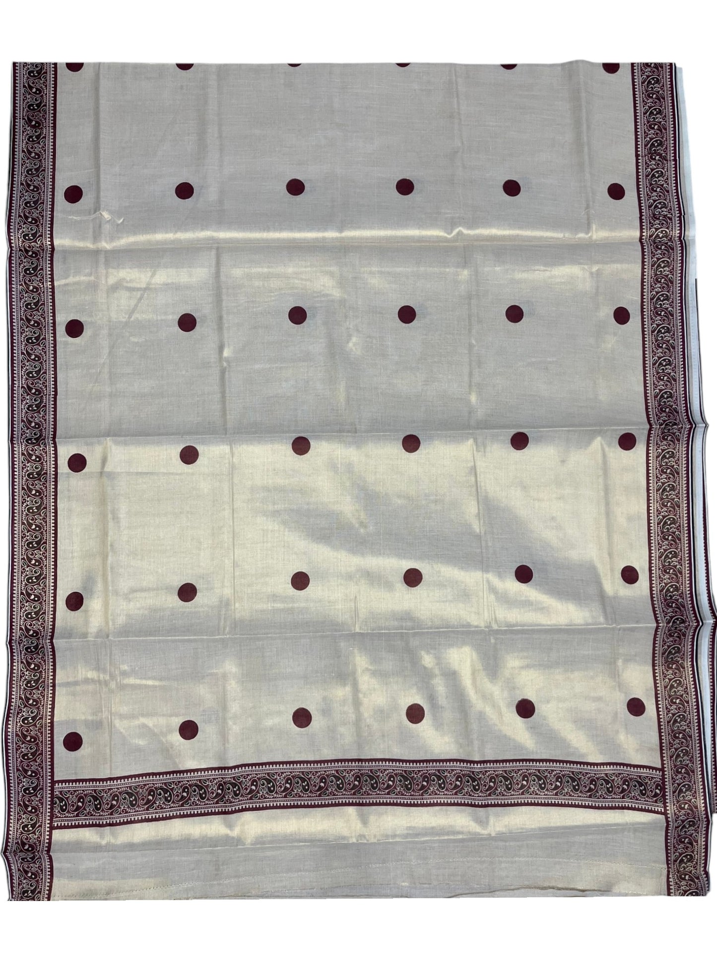 Southloom Kerala Tissue Plain Saree With Maroon Polk Dots on Body and Floral Digital Prints in Borders
