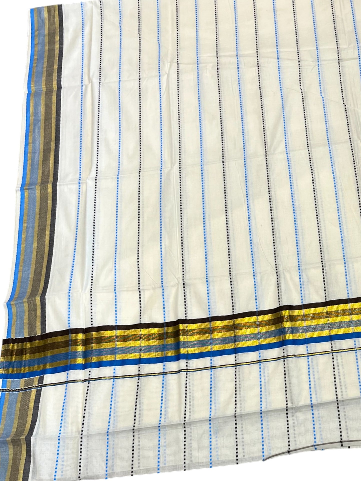 Southloom Cotton Kasavu Saree with Blue and Brown Thread Work Across Body