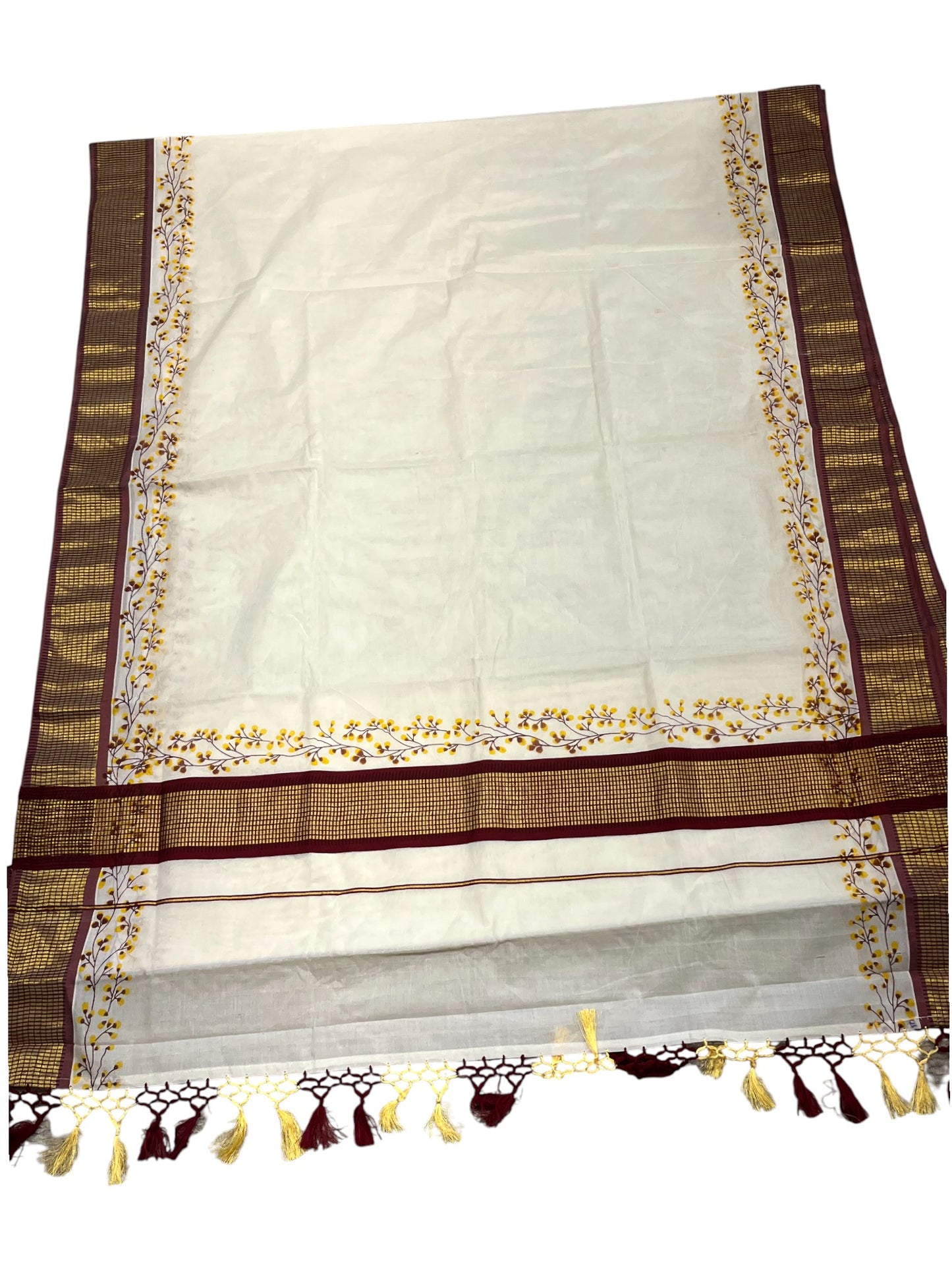 Southloom Maroon Floral Print Saree with Kasavu Check Borders