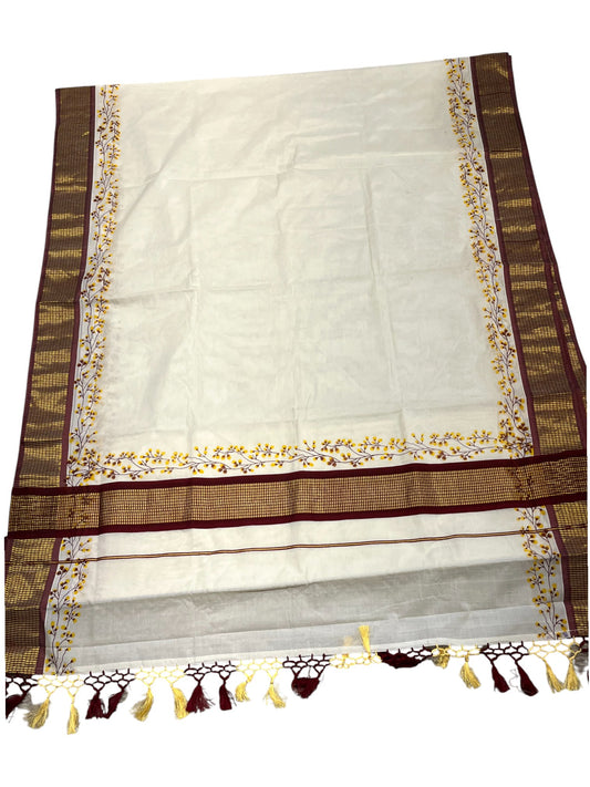 Southloom Maroon Floral Print Saree with Kasavu Check Borders