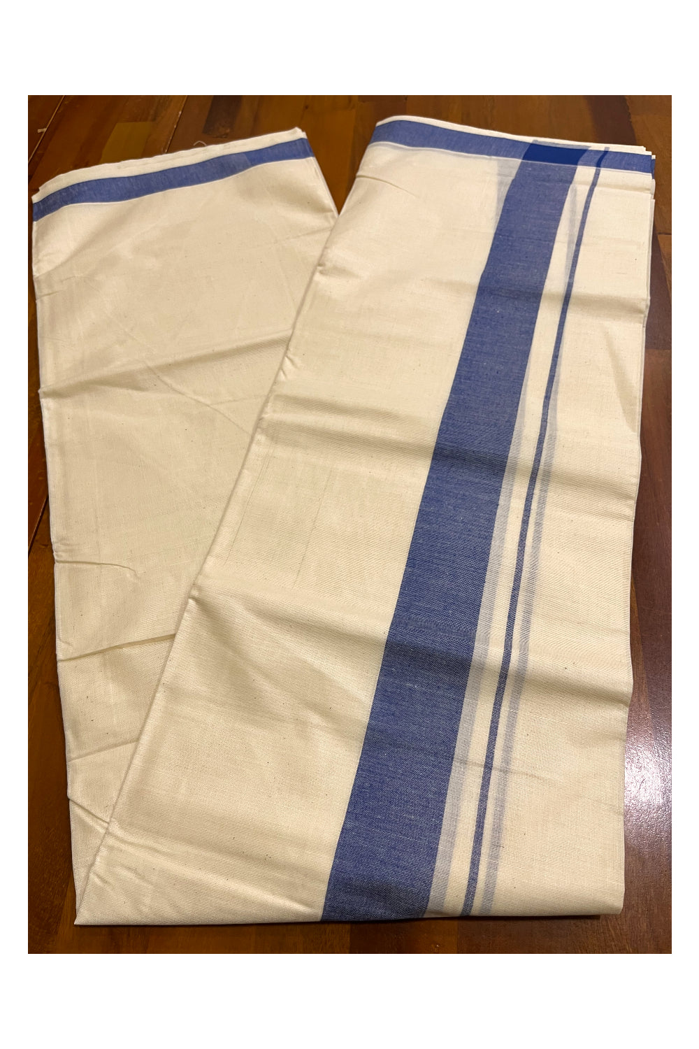 Kerala Pure Cotton Double Mundu with Blue Kara (South Indian Kerala Dhoti)