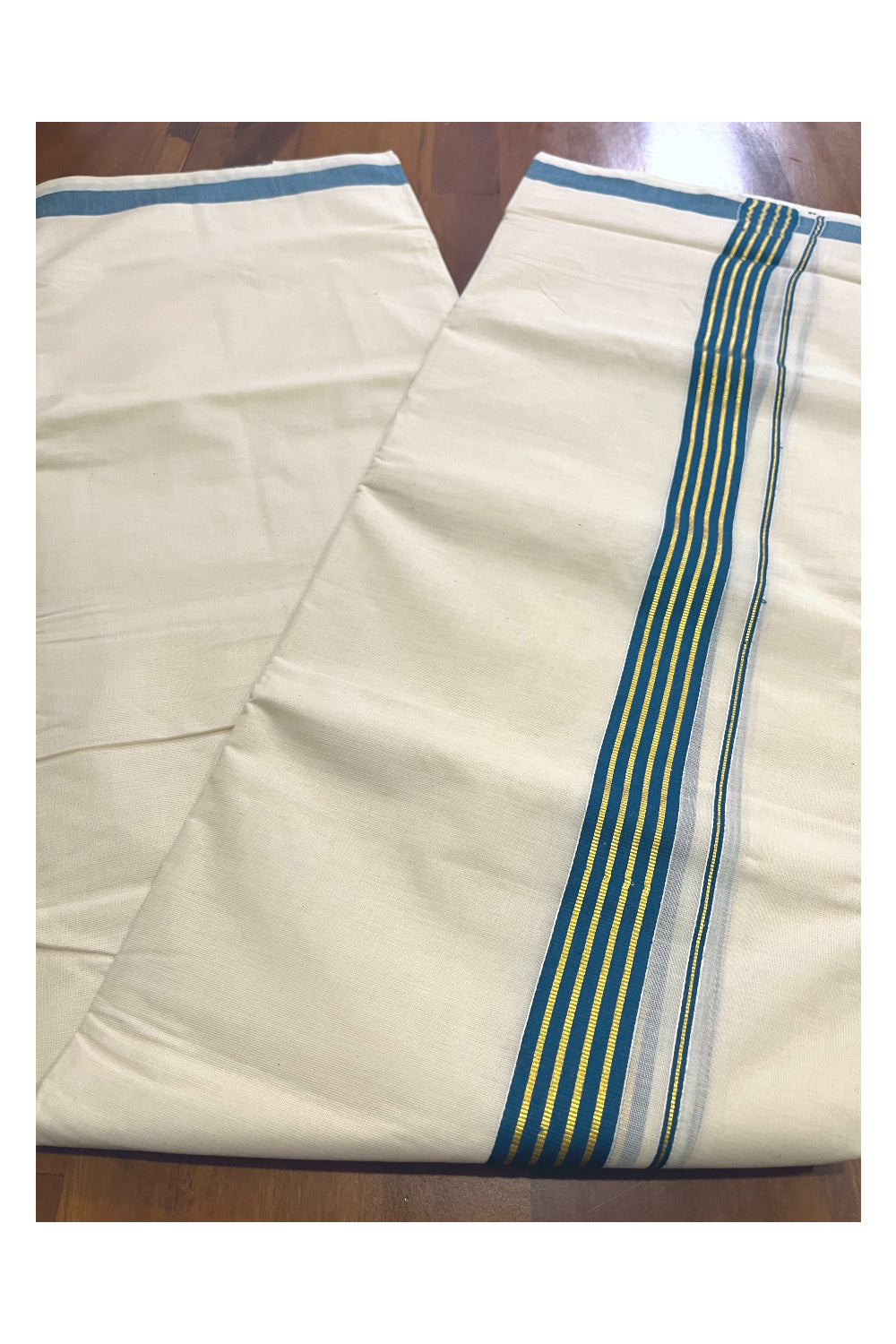 Off White Kerala Cotton Double Mundu with Kasavu and Green Border (South Indian Kerala Dhoti)