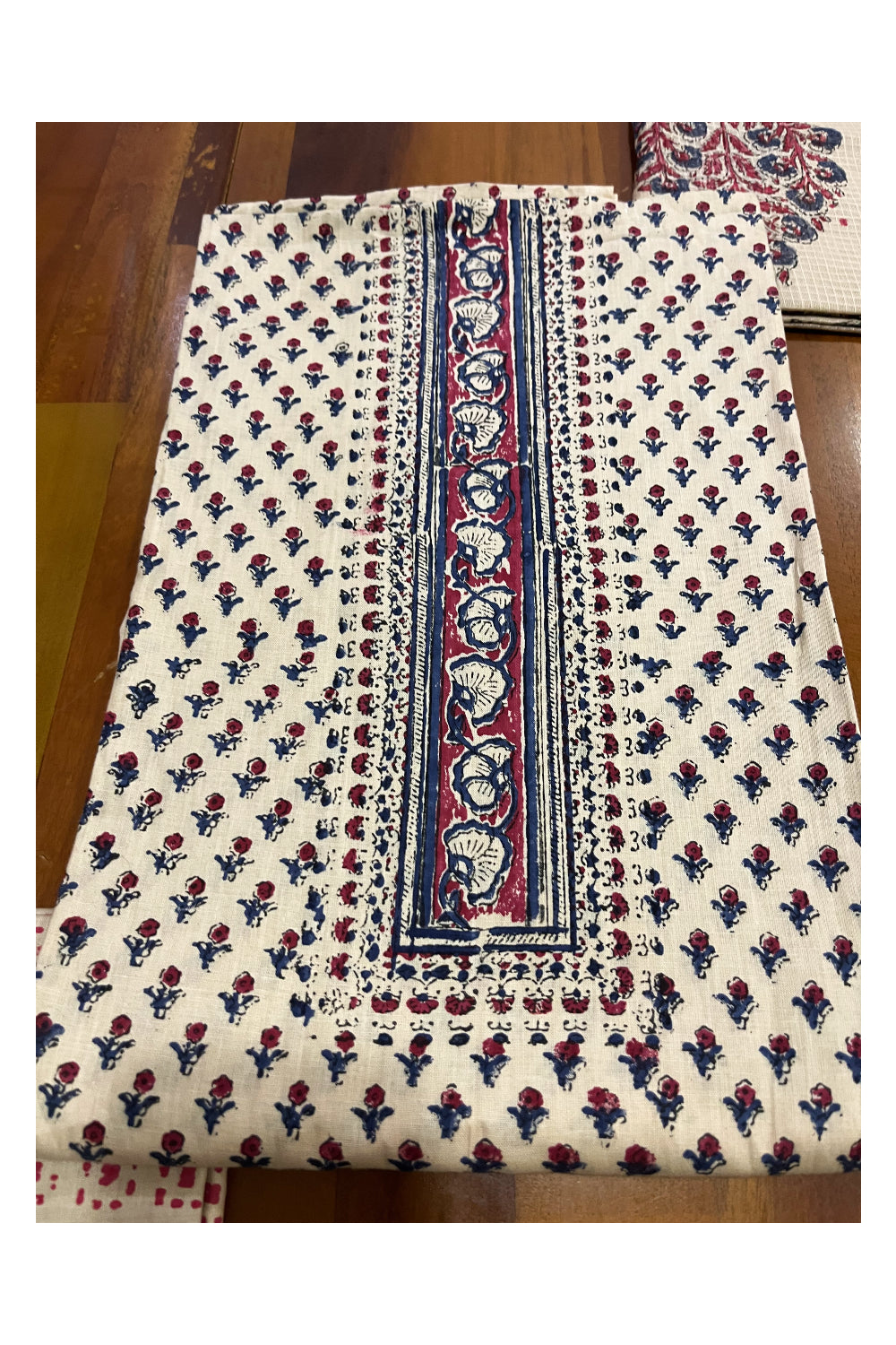 Southloom™ Cotton Light Brown Churidar Salwar Suit Material Red and Blue Block Prints on Body