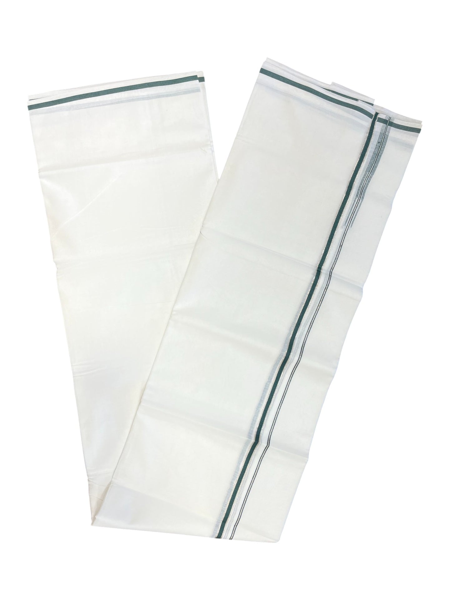 Pure White Cotton Double Mundu with Silver Green Chutti Kara (South Indian Dhoti)