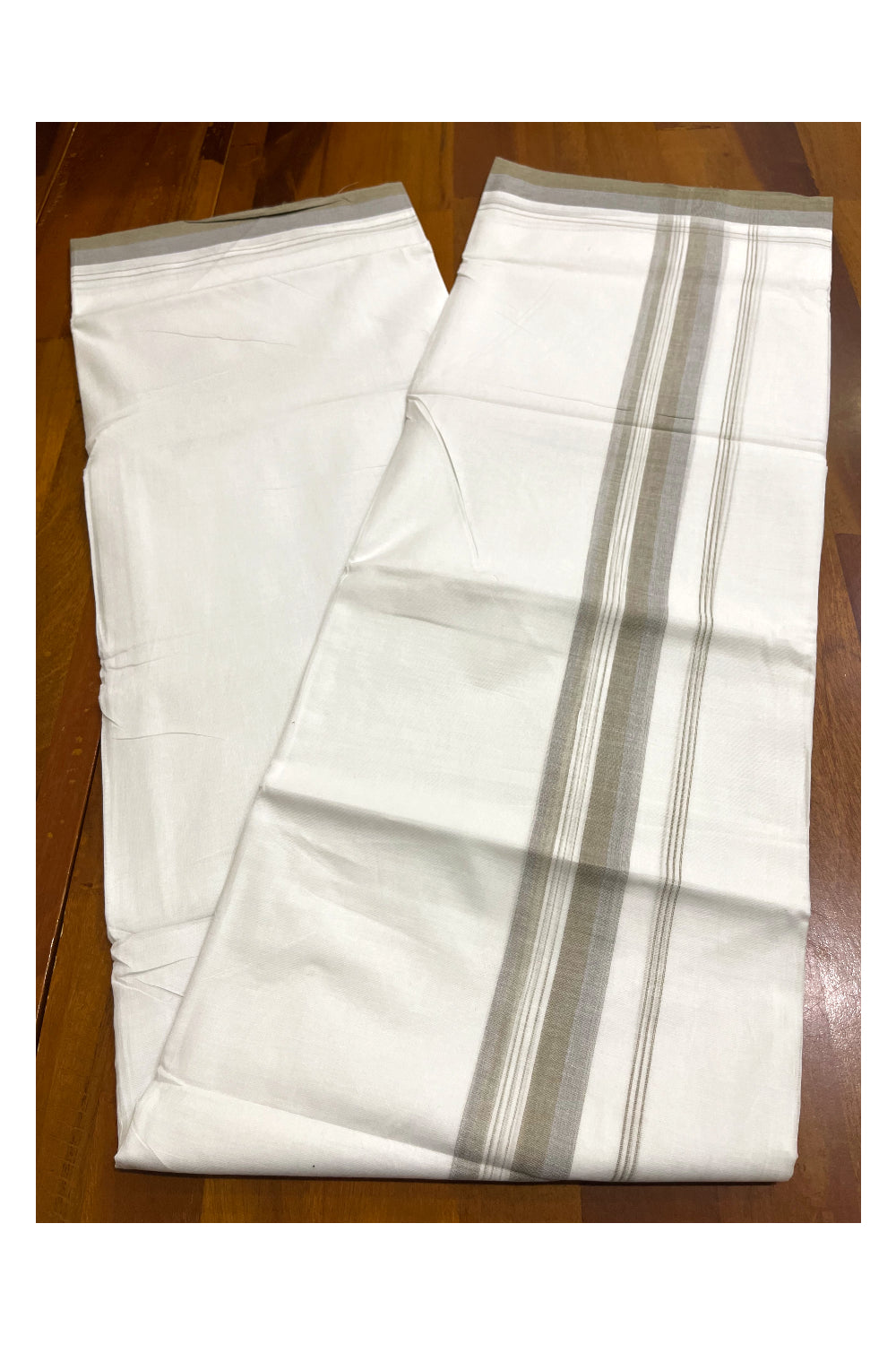 Pure White Cotton Kerala Double Mundu with Greenish Grey Border (South Indian Kerala Dhoti)