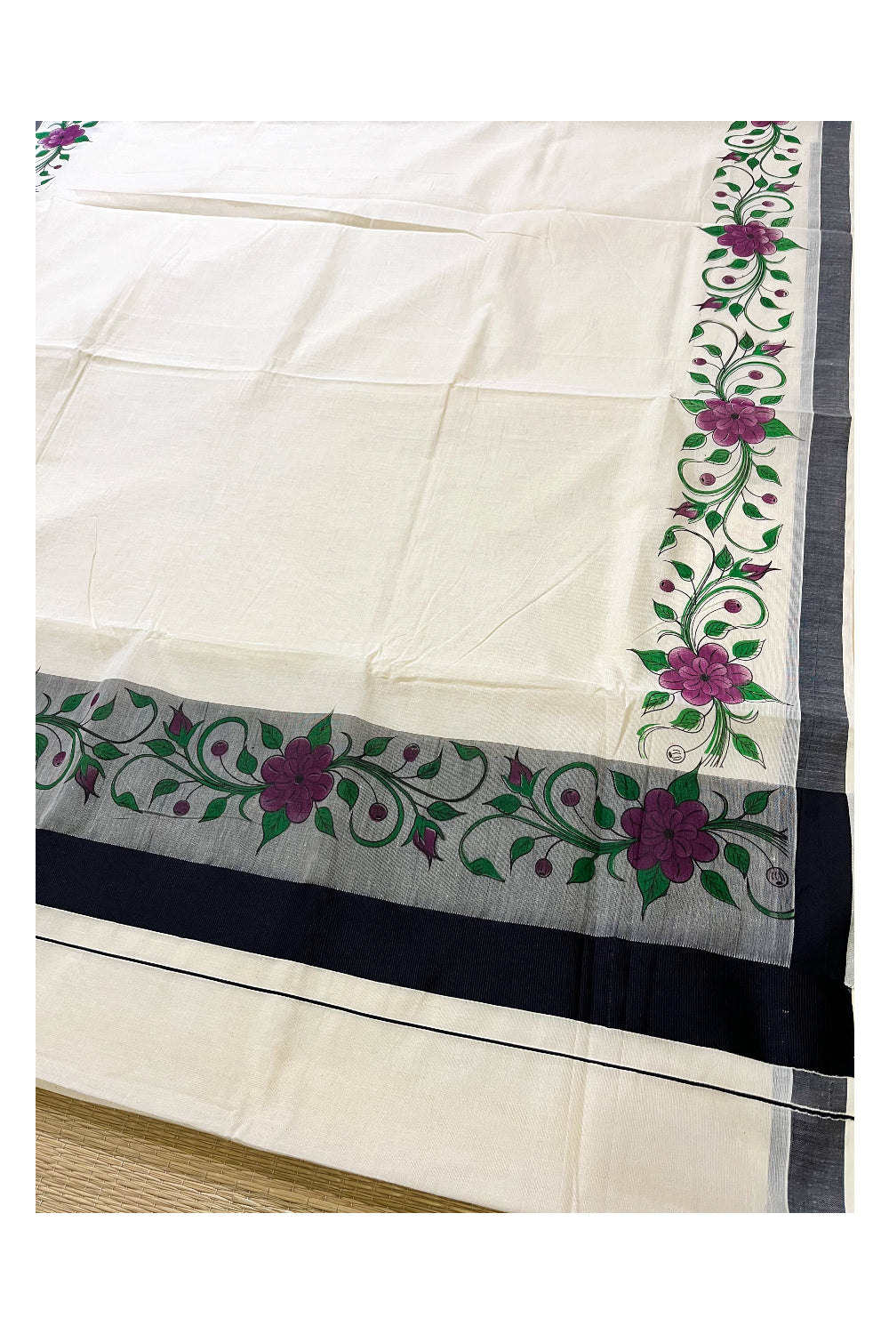 Pure Cotton Kerala Saree with Floral Block Printed Black Border