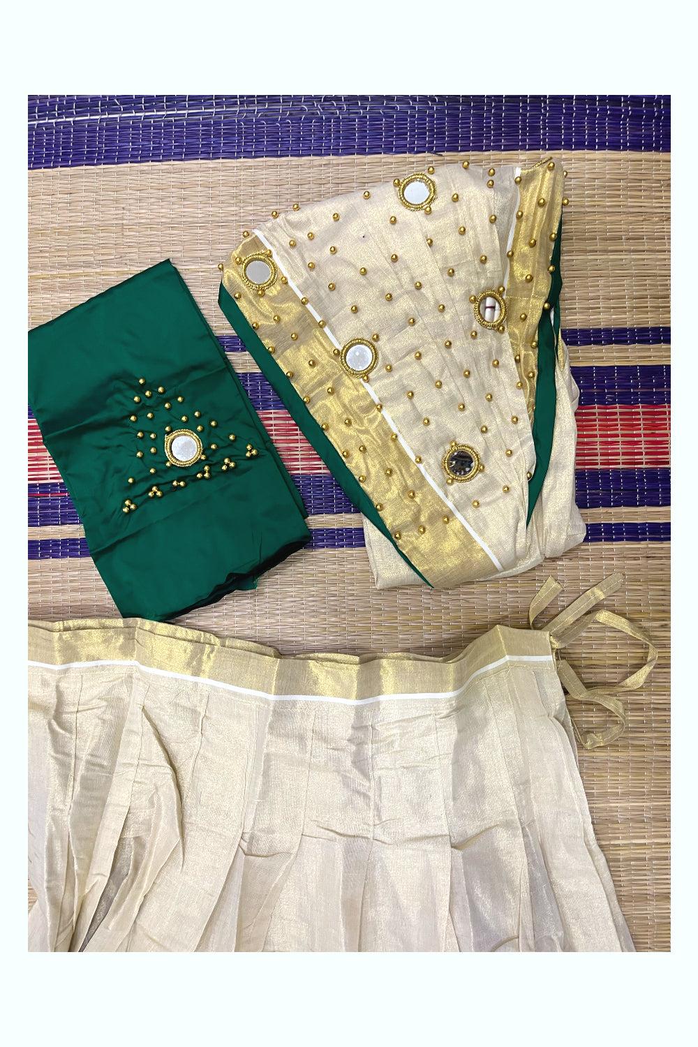 Southloom Semi Stitched Tissue Dhavani Set with Bead Work Pavada and Green Blouse Piece