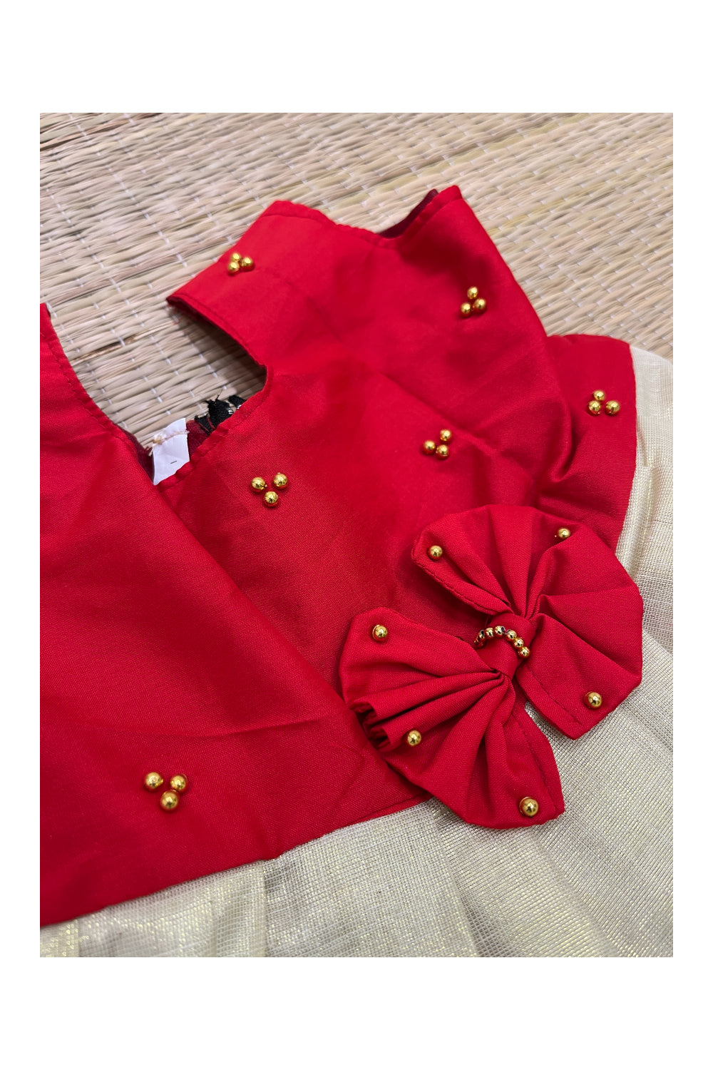 Southloom Kerala Tissue Frock with Red Bead Work Designs for Kids (1 Year)