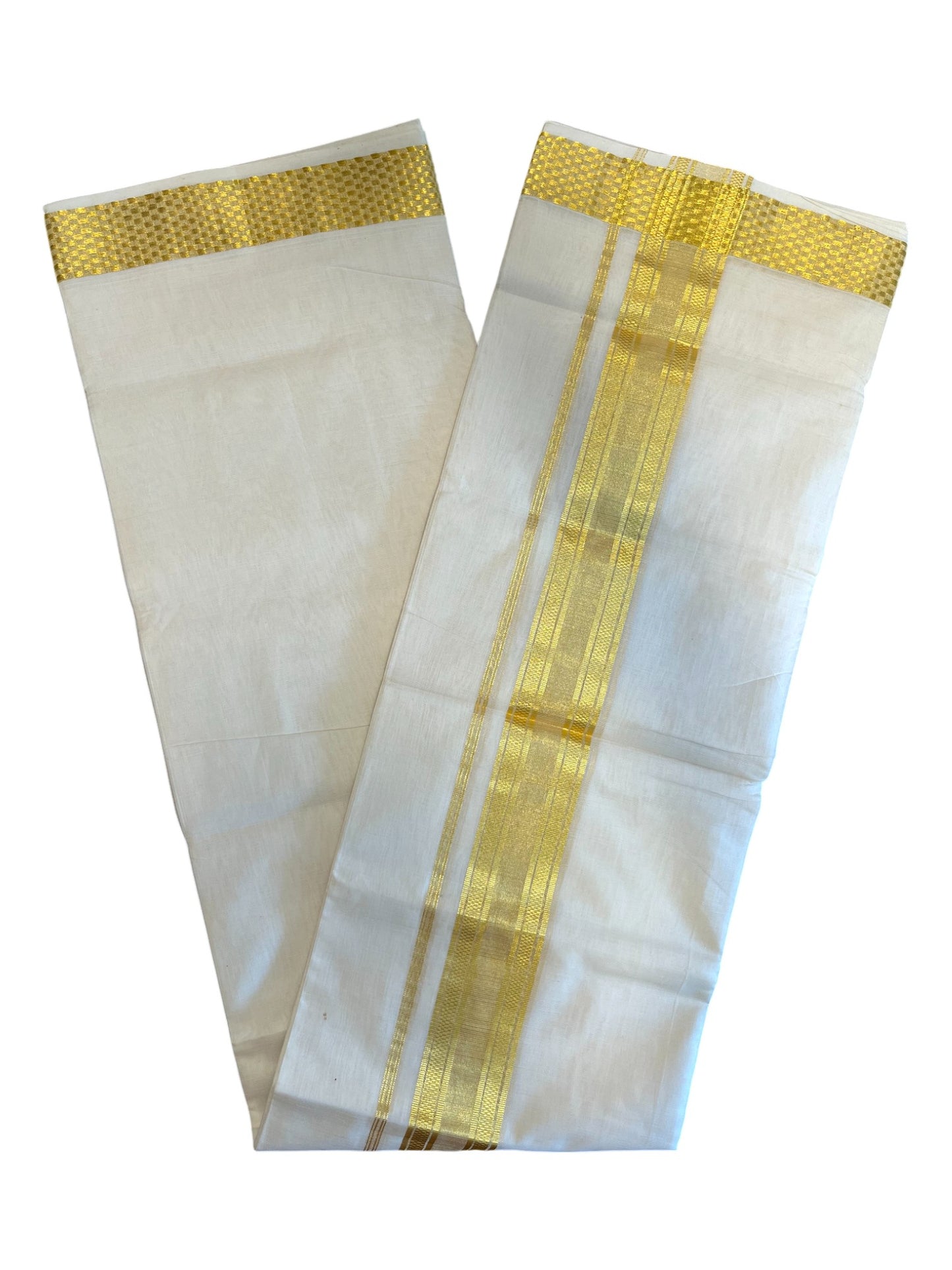 Southloom Premium Handloom Cotton Gold Kasavu Double Mundu with Gold Lines and Paa Neythu Border