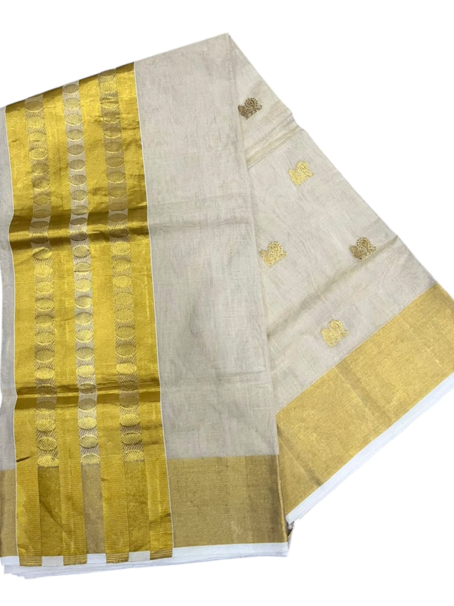 Southloom Super Premium Balaramapuram Handloom Tissue Saree with Golden Butta Work and Gold Polka Kasavu Border