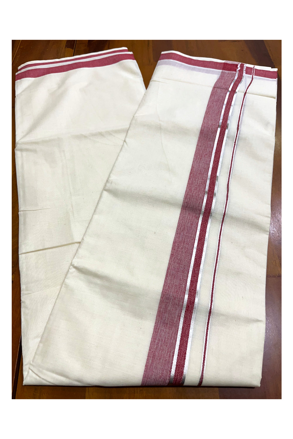 Kerala Pure Cotton Double Mundu with Silver Kasavu and Maroon Border (South Indian Kerala Dhoti)