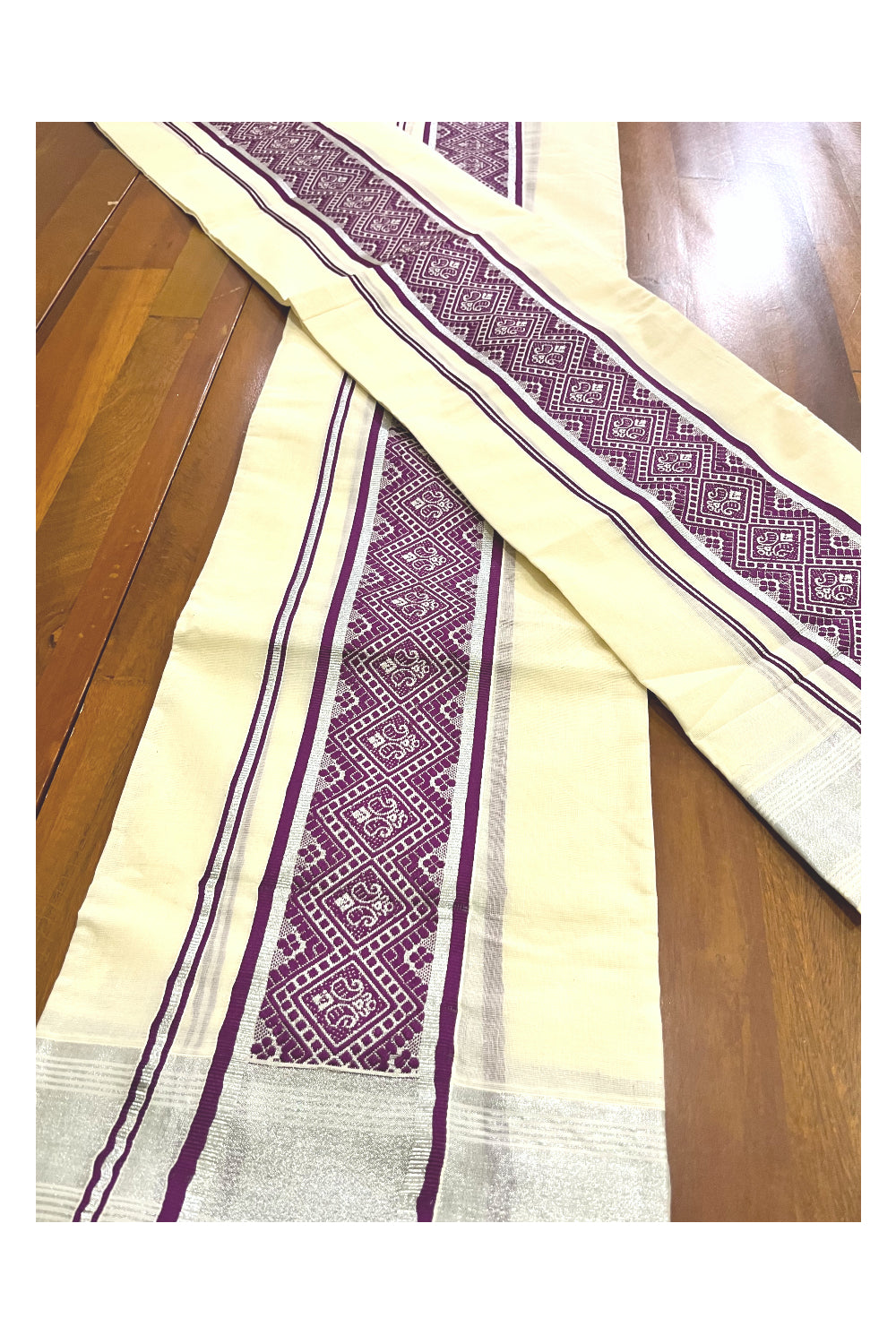 Kerala Cotton Mundum Neriyathum Single (Set Mundu) with Purple Woven Designs and Silver Kasavu Border 2.80 Mtrs