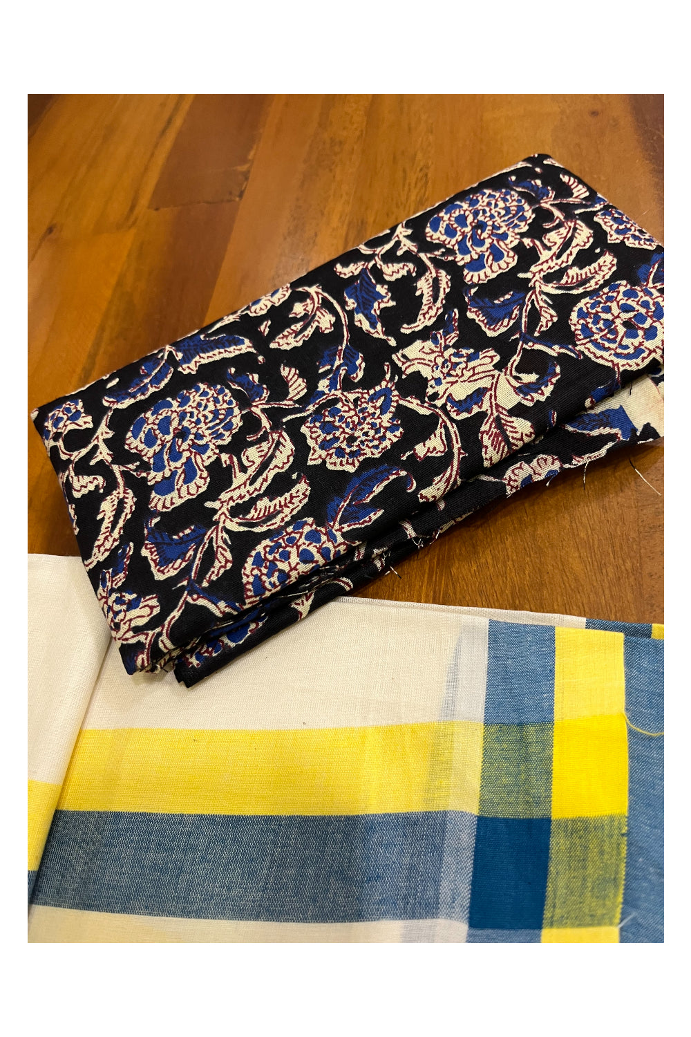 Southloom Mulloth Soft Cotton Blue Yellow Border Set Mundu with Jaipur Printed Blouse Piece (2.60 M Neriyathu / Blouse 1 Meter)