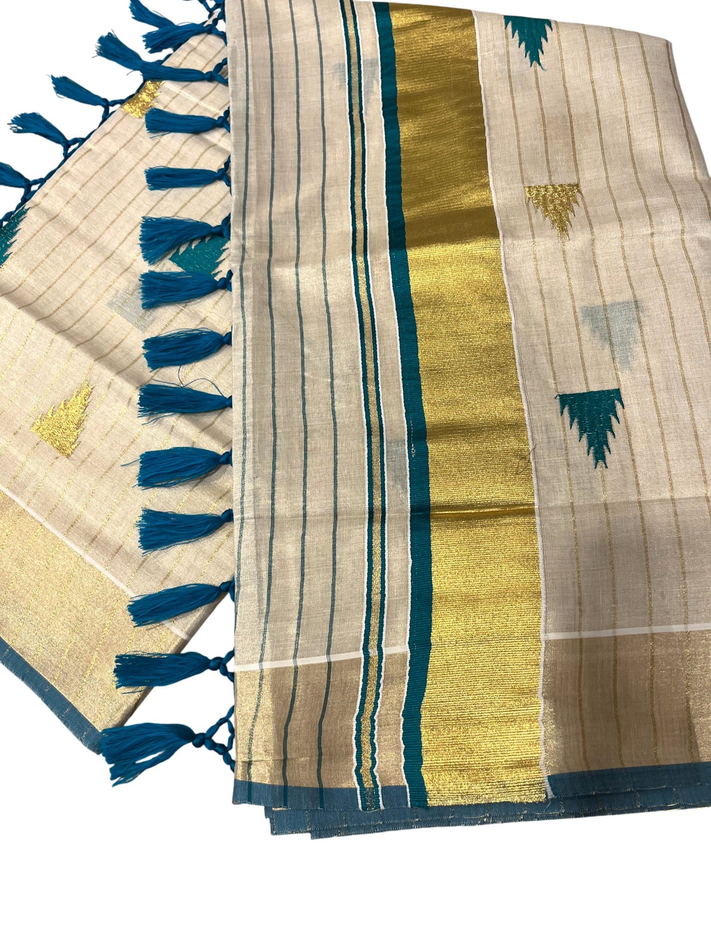 Kerala Tissue Kasavu Stripes Saree with Peacock Green and Gold Temple Embroidery Design on Body