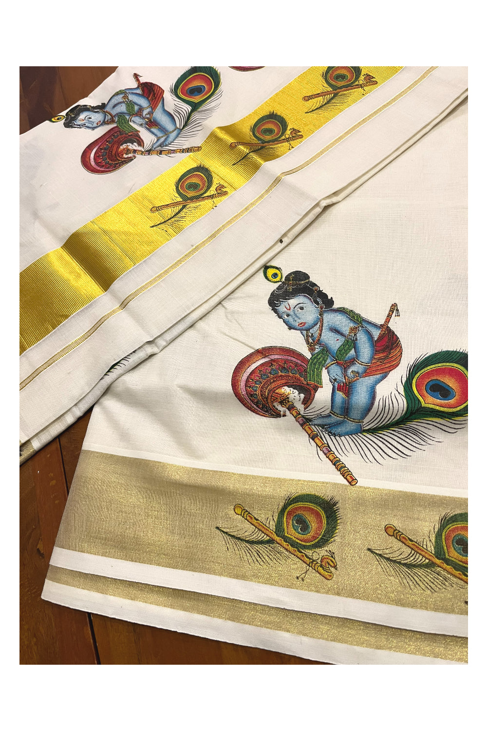 Pure Cotton Kerala Kasavu Saree with Baby Krishna Mural Printed Design