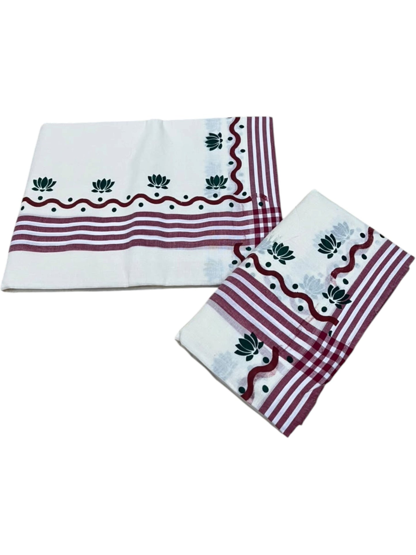 Southloom Pure Cotton Kerala Single Mulloth Set Mundu With Lotus Digital Print in Maroon and Green Border (Mundum Neriyathum) in 2.75 Mtrs SL371