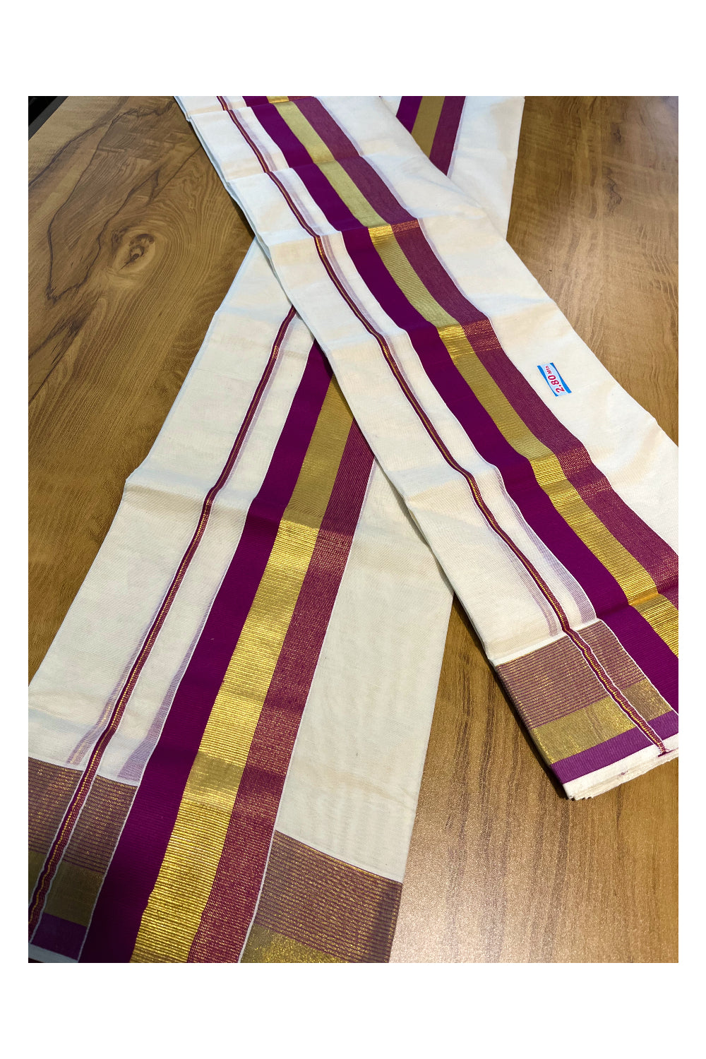 Kerala Cotton Set Mundu (Mundum Neriyathum) with Magenta and Kasavu Border 2.80 Mtrs