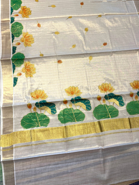 Southloom Tissue Kerala Kasavu Saree with Hand Painted Embroidery Lotus Design