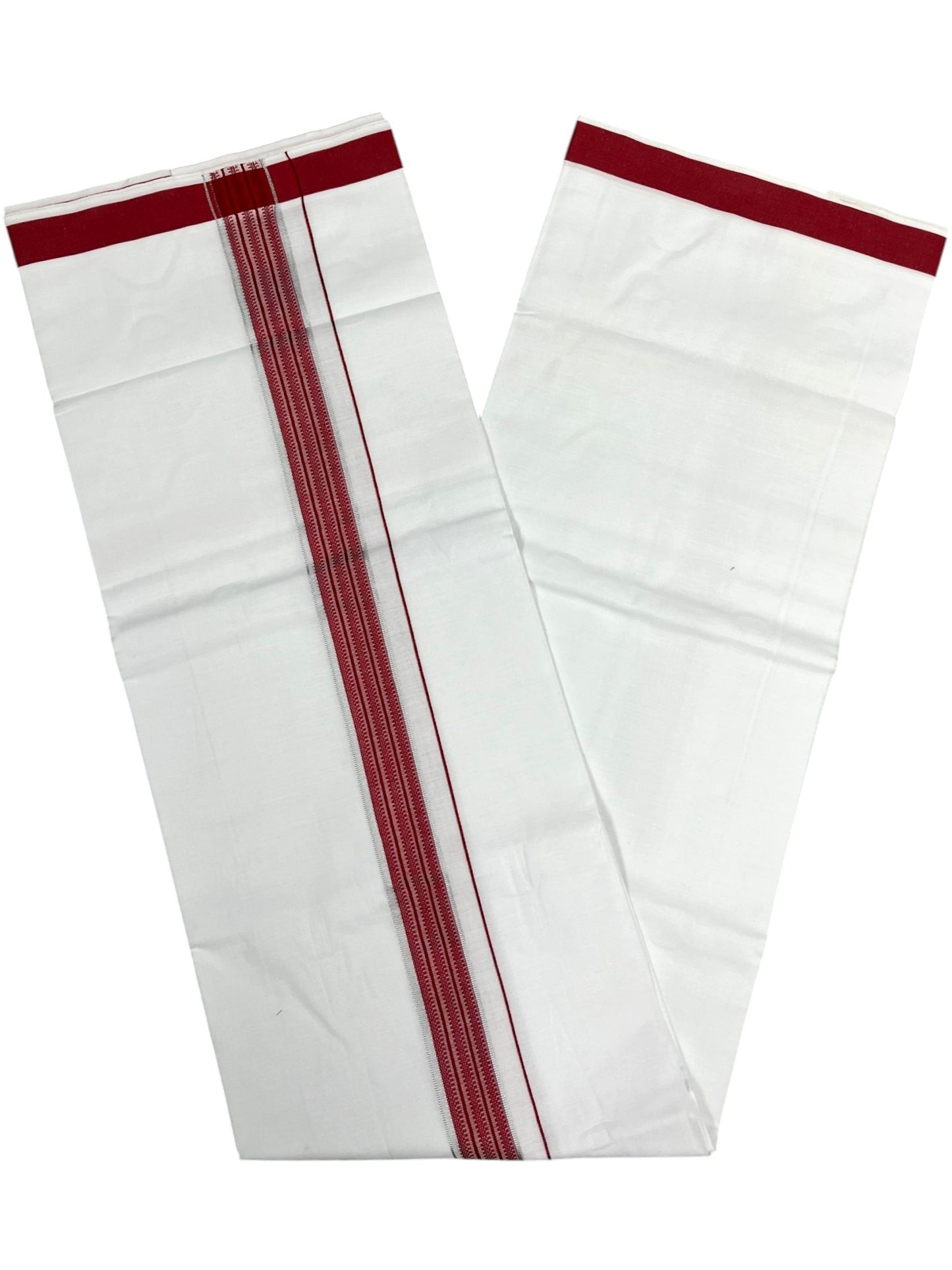 Southloom Pure White Cotton Single Mundu with Silver Line & Maroon Border (South Indian Kerala Dhoti)