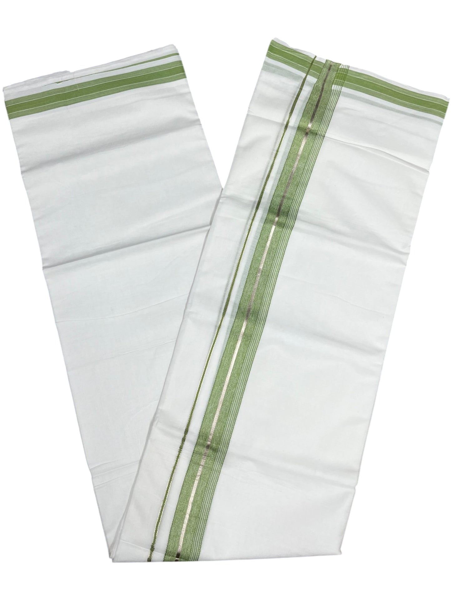 Southloom Kerala Pure White Cotton Double Mundu with Silver Line & Green Border (South Indian Dhoti)