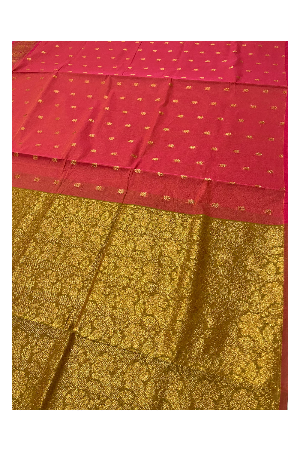 Southloom Cotton Pinkish Red Saree with Kasavu Woven Butta Works on Body  and Pallu