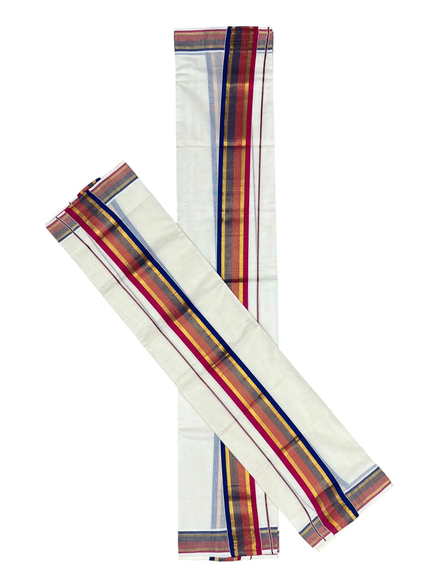 Kerala Cotton Kasavu Set Mundu (Mundum Neriyathum) with Pink and Blue Border 2.80 Mtrs