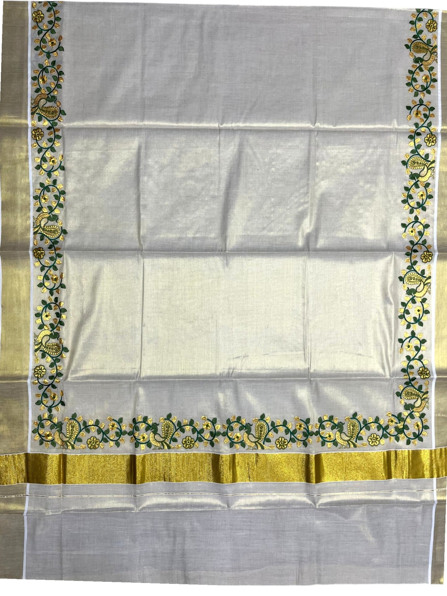 Southloom Kerala Tissue Kasavu Saree with Green And Golden Peacock Embroidery Works