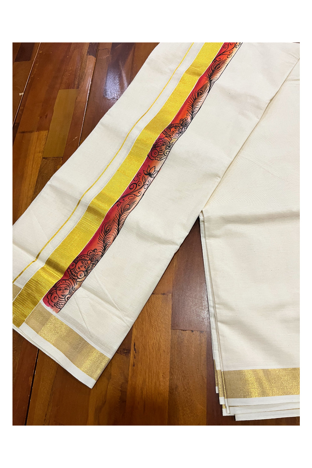 Kerala Pure Cotton Double Mundu with Mural Painted Design on Kasavu Border (South Indian Kerala Dhoti)