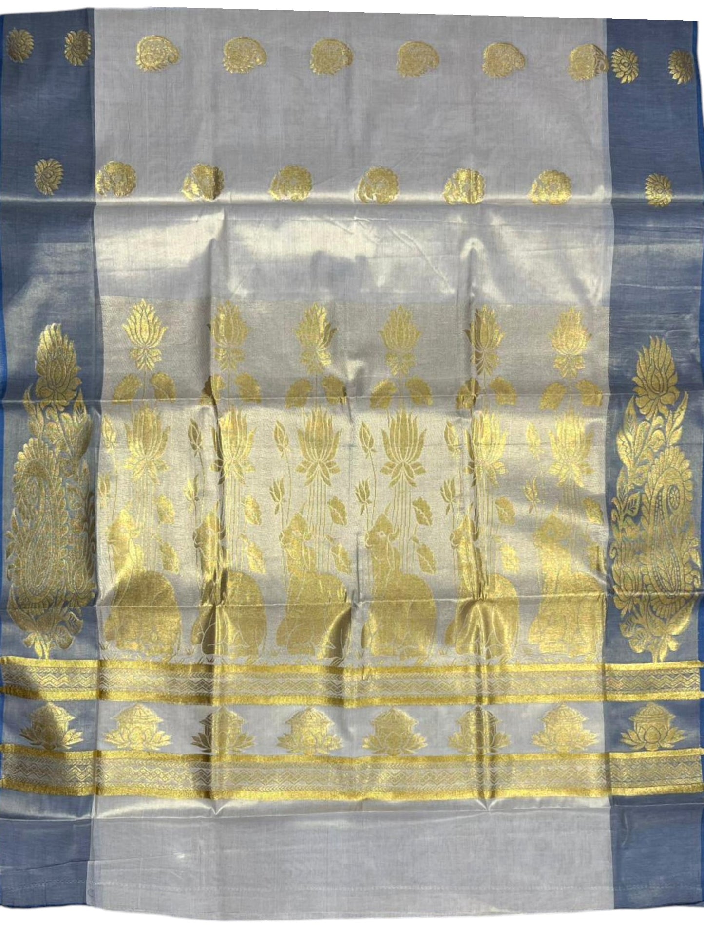 Southloom  Kerala Tissue Kasavu Heavy Work Saree with Floral Design And Blue Border SL483