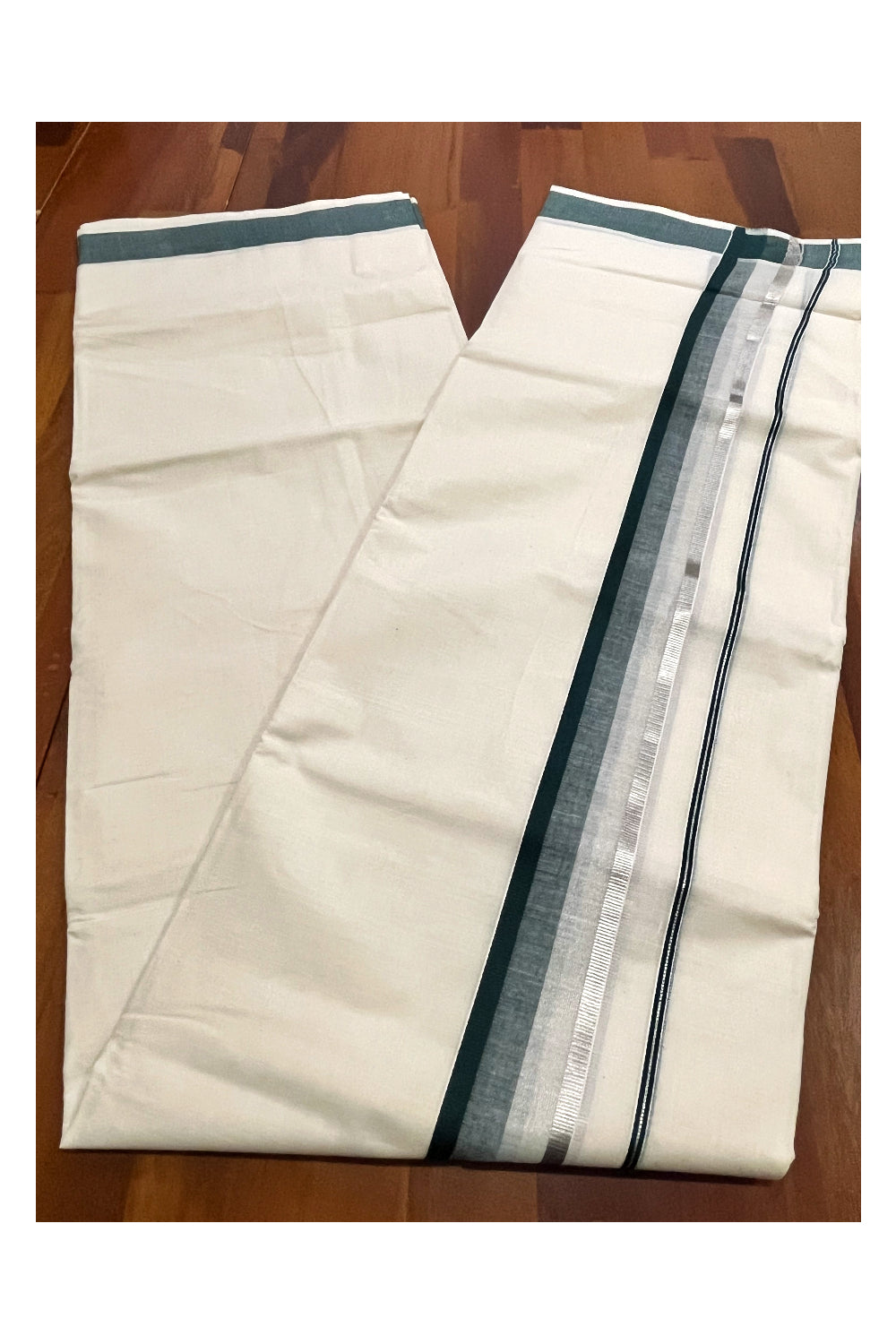 Kerala Pure Cotton Double Mundu with Dark Green and Silver Kasavu Border (South Indian Kerala Dhoti)