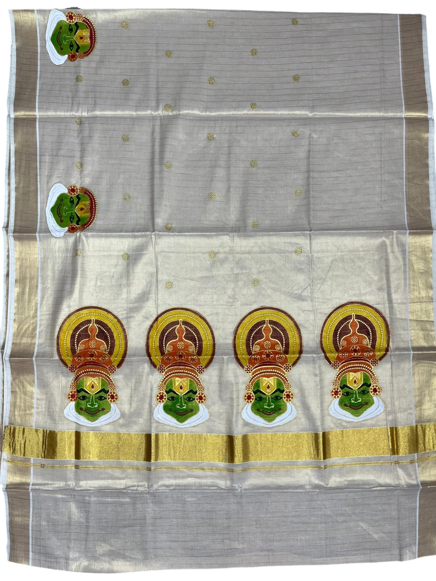 Southloom Tissue Kerala Kasavu Lines Saree with Kathakali Embroidery Design SL339