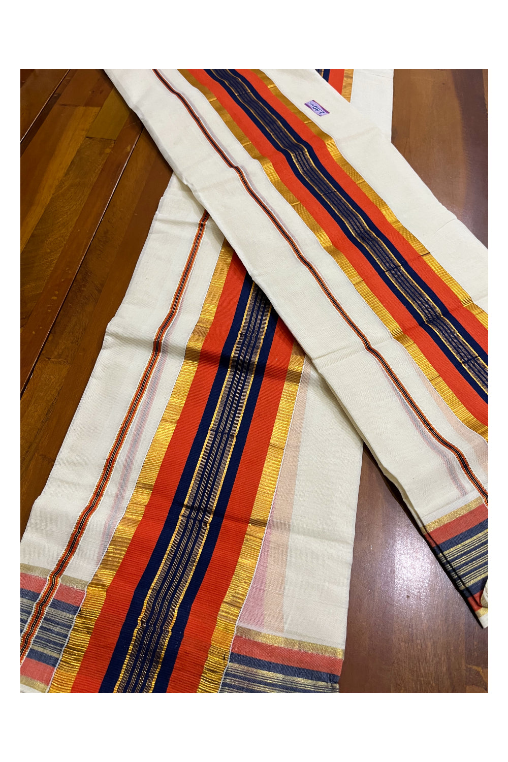 Kerala Cotton Kasavu Set Mundu (Mundum Neriyathum) with Orange and Blue Border 2.80 Mtrs