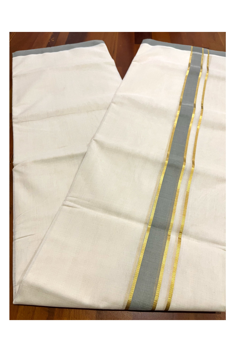 Southloom Premium Balaramapuram Unakkupaavu Handloom Kasavu Mundu with Grey Border (South Indian Kerala Dhoti)