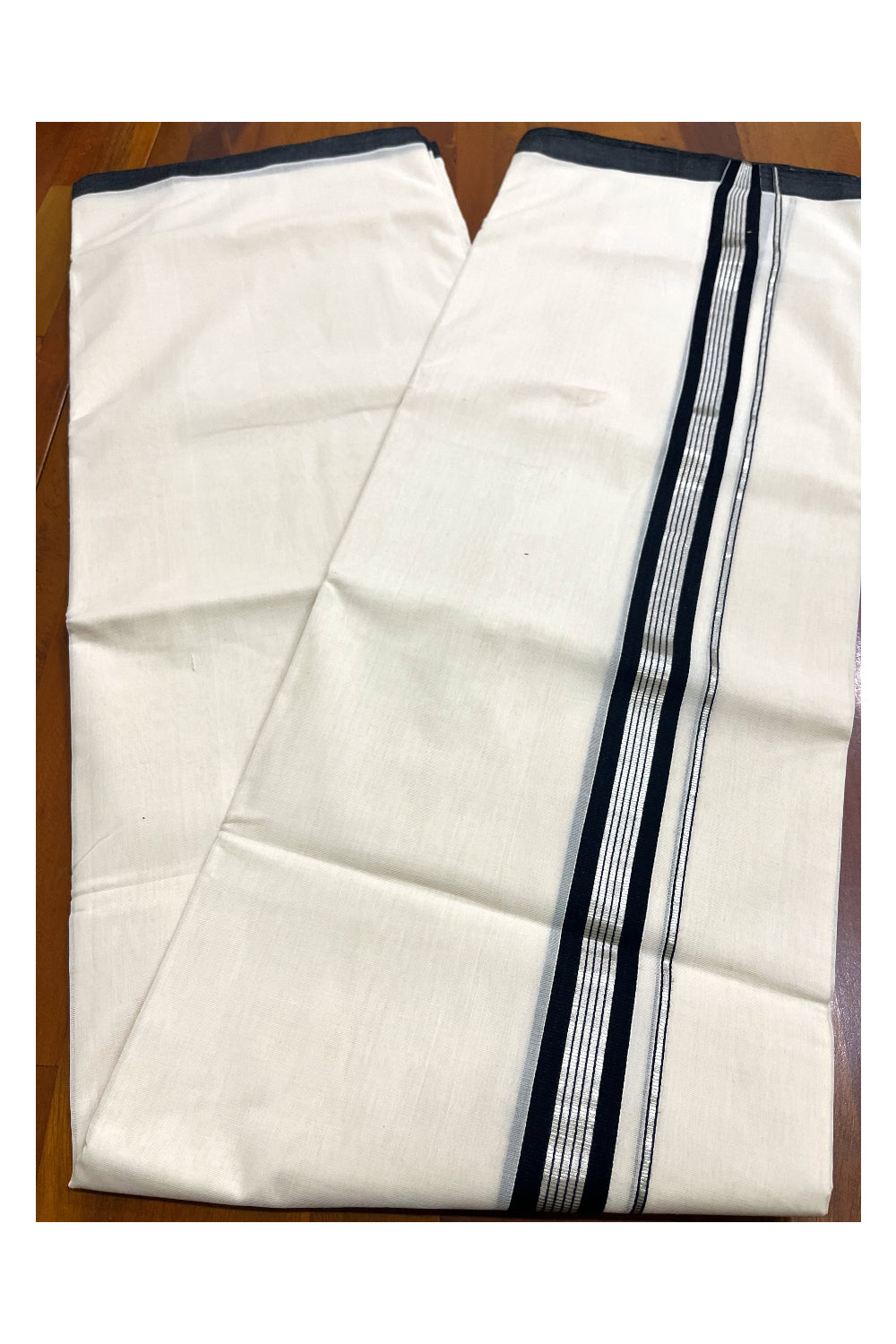 Premium Balaramapuram Handloom Unakkupaavu Cotton Double Mundu with Silver Kasavu and Black Border (Vishu 2024 Collection)