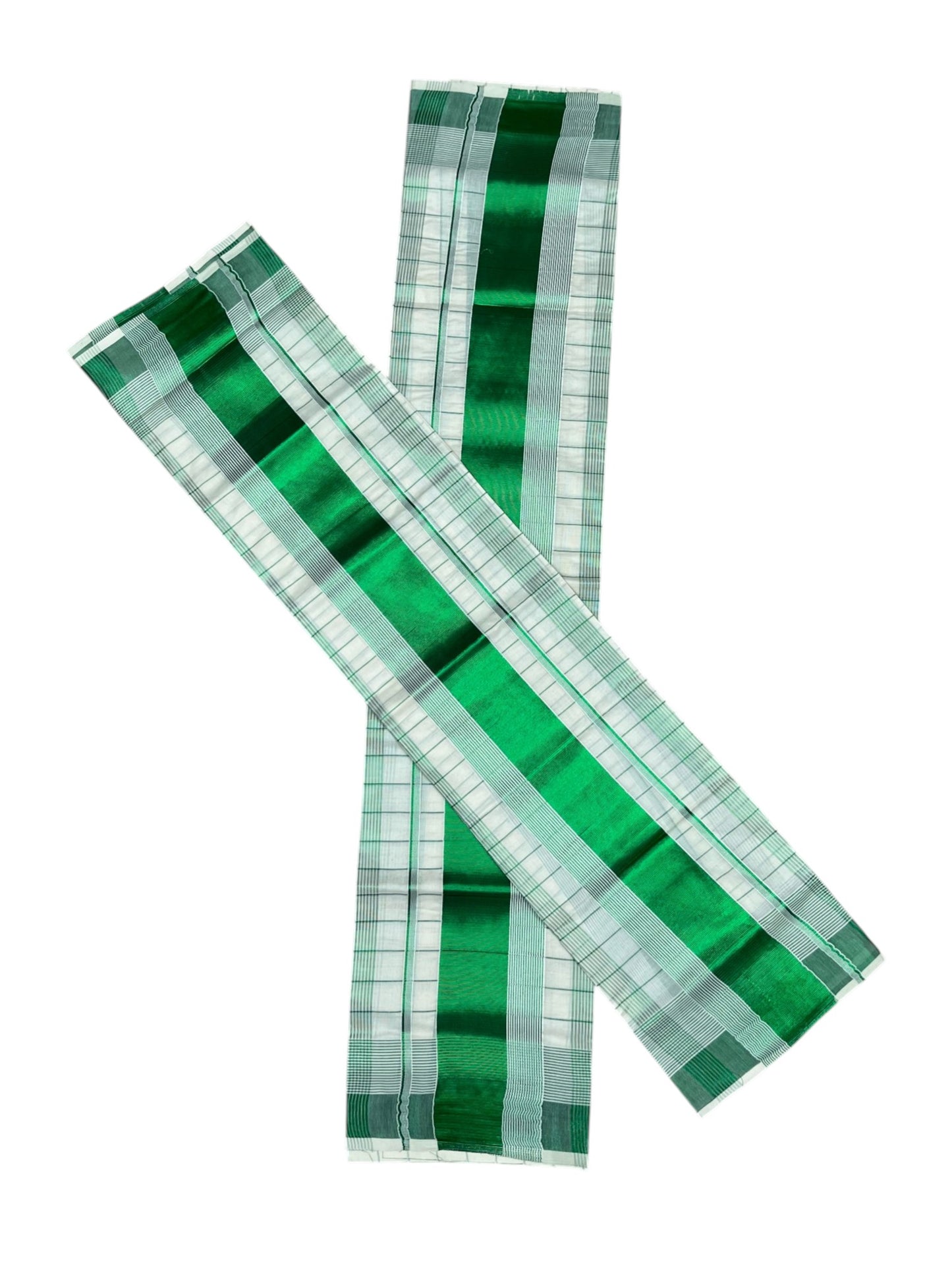 Southloom Kerala Cotton Set Mundu  (Mundum Neriyathum)  Green Kasavu Lines Across Body 2.80 Mtrs