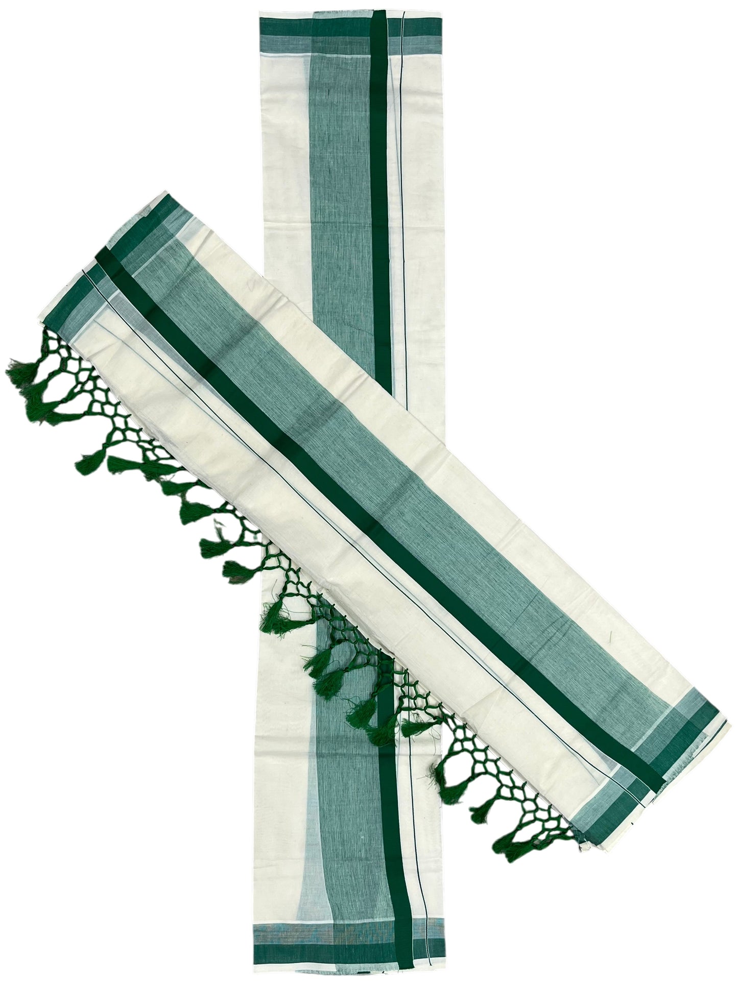 Southloom Kerala Cotton Mundum Neriyathum Single (Set Mundu) with Green Border 2.80 Mtrs
