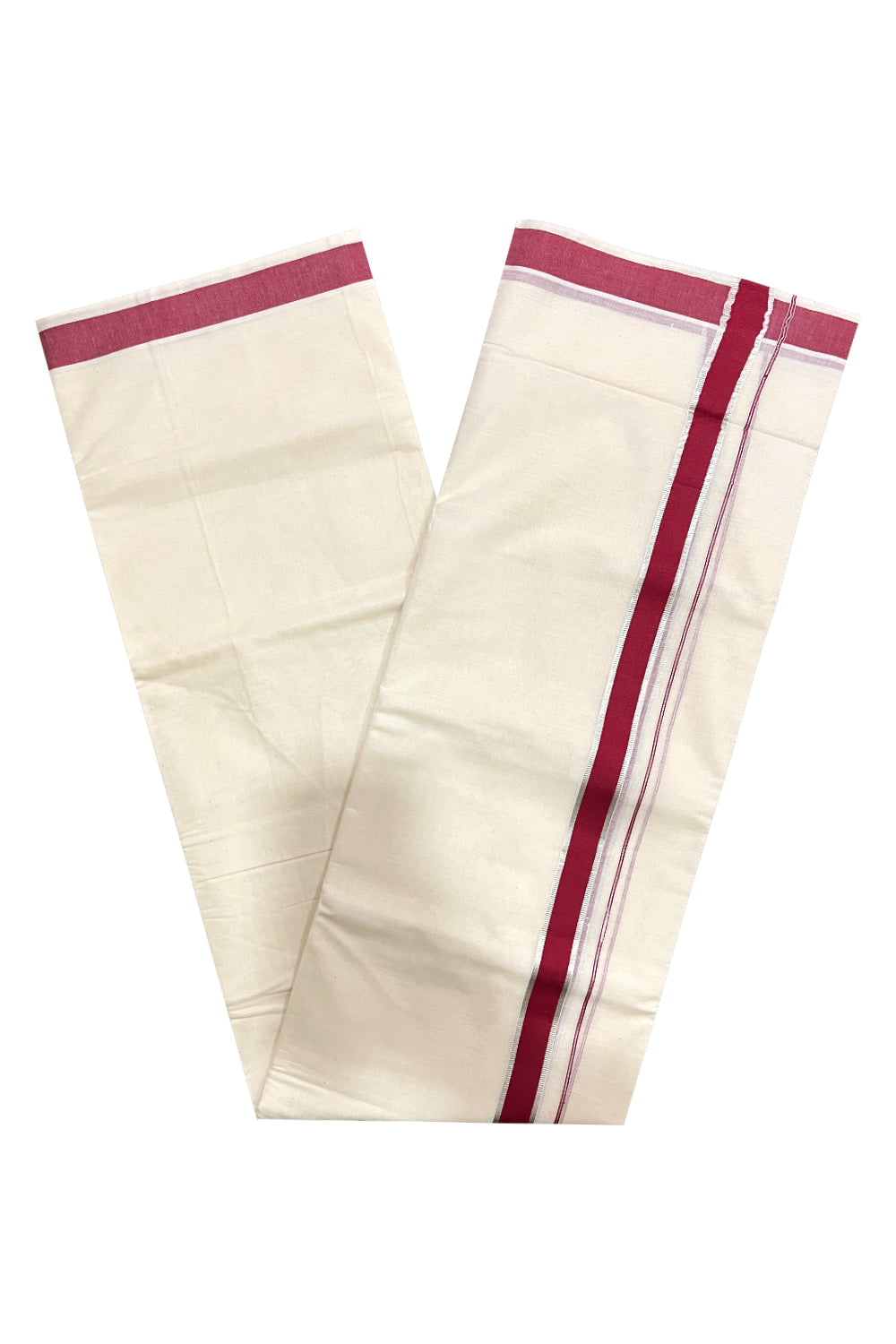 Pure Cotton Double Mundu with Silver Kasavu and Maroon Kara (South Indian Kerala Dhoti)