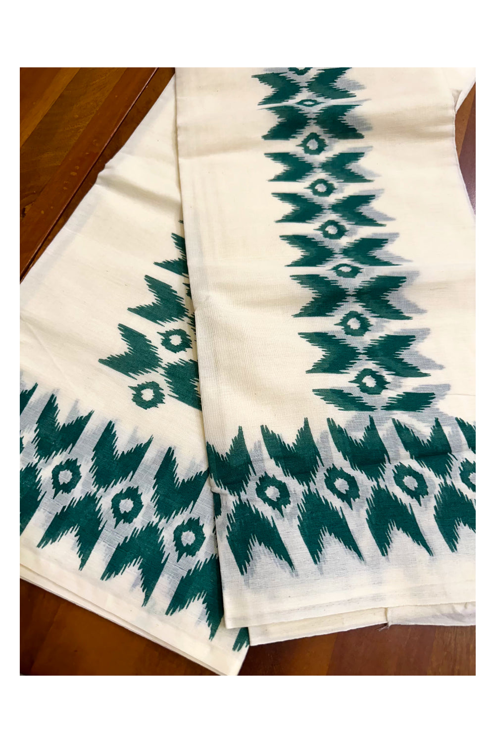 Pure Cotton Kerala Set Mundu with Green Block Printed Border