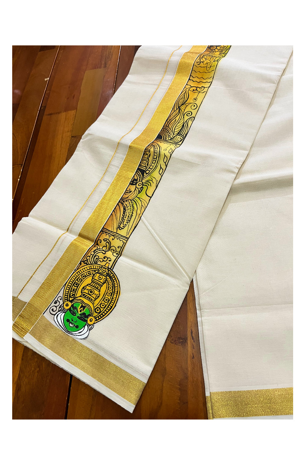 Pure Cotton Kerala Double Mundu with Kathakali Hand Painted Designs on Kasavu Border (Vishu Collection 2024)