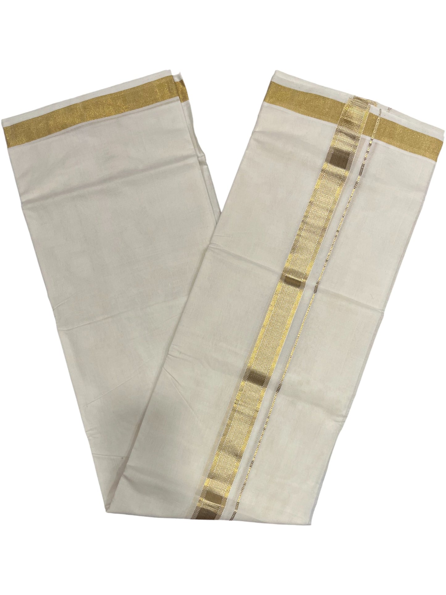Southloom Premium Handloom Cotton Double Mundu with Gold Paaya Neythu And Silver Gold  Lines Kasavu Border