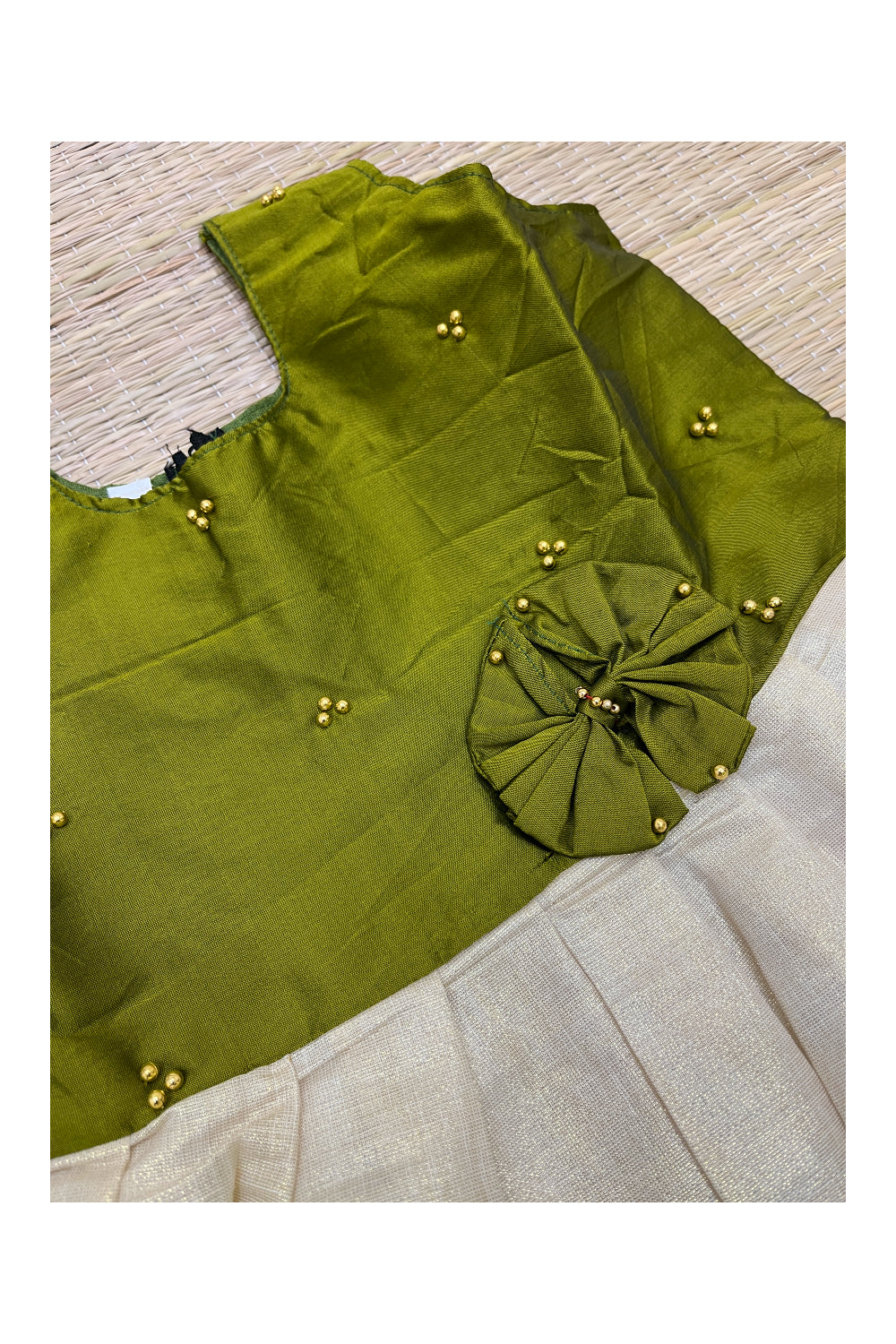 Southloom Kerala Tissue Frock with Green Bead Work Designs for Kids (5 Years)