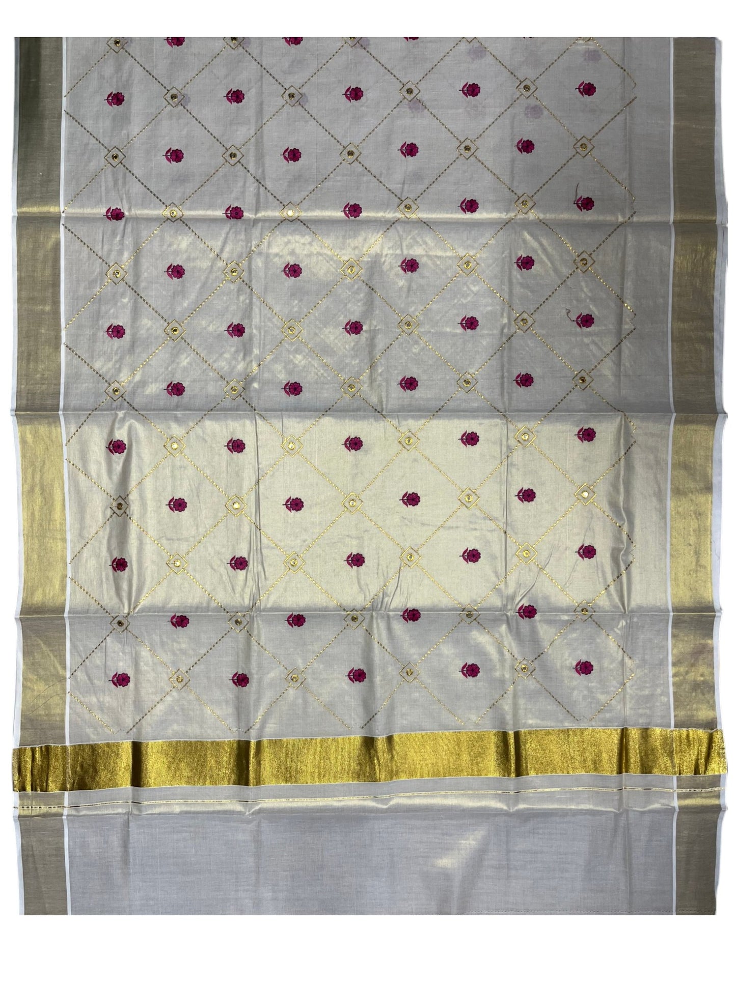 Southloom Tissue Kerala Kasavu Plain Saree with  Embroidery Designs on Body