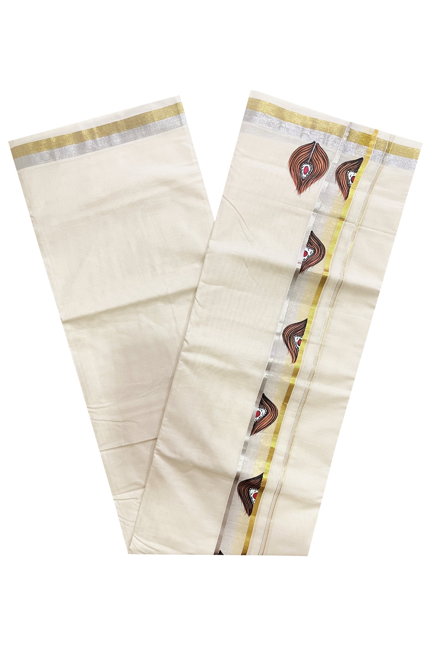 Off White Kerala Cotton Double Mundu with Feather Hand Painted Designs on Silver and Golden Kasavu Border (Vishu 2024 Collection)