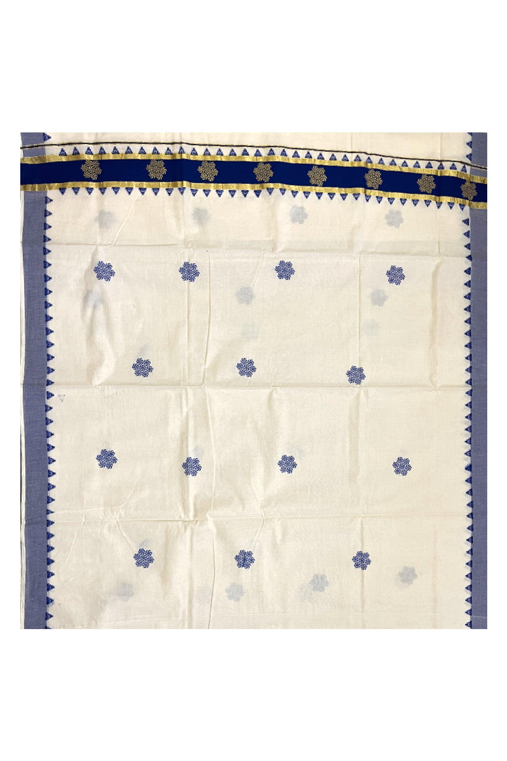 Pure Cotton Kerala Kasavu Saree with Blue Floral Block Printed Design