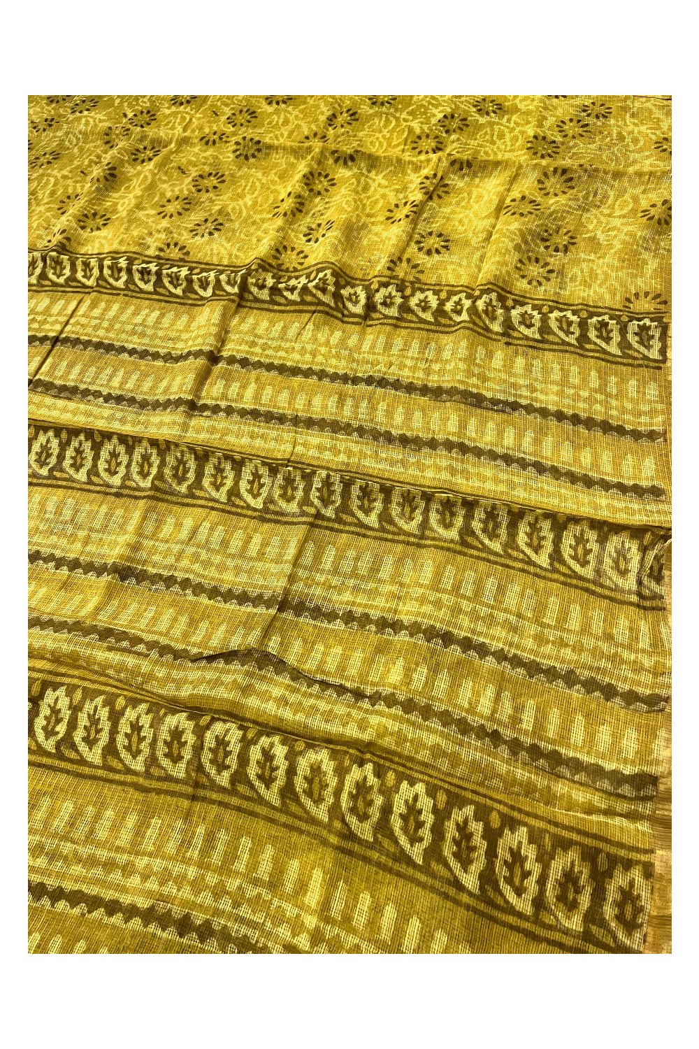 Southloom Kota Fabric Floral Printed Mustard Yellow Saree