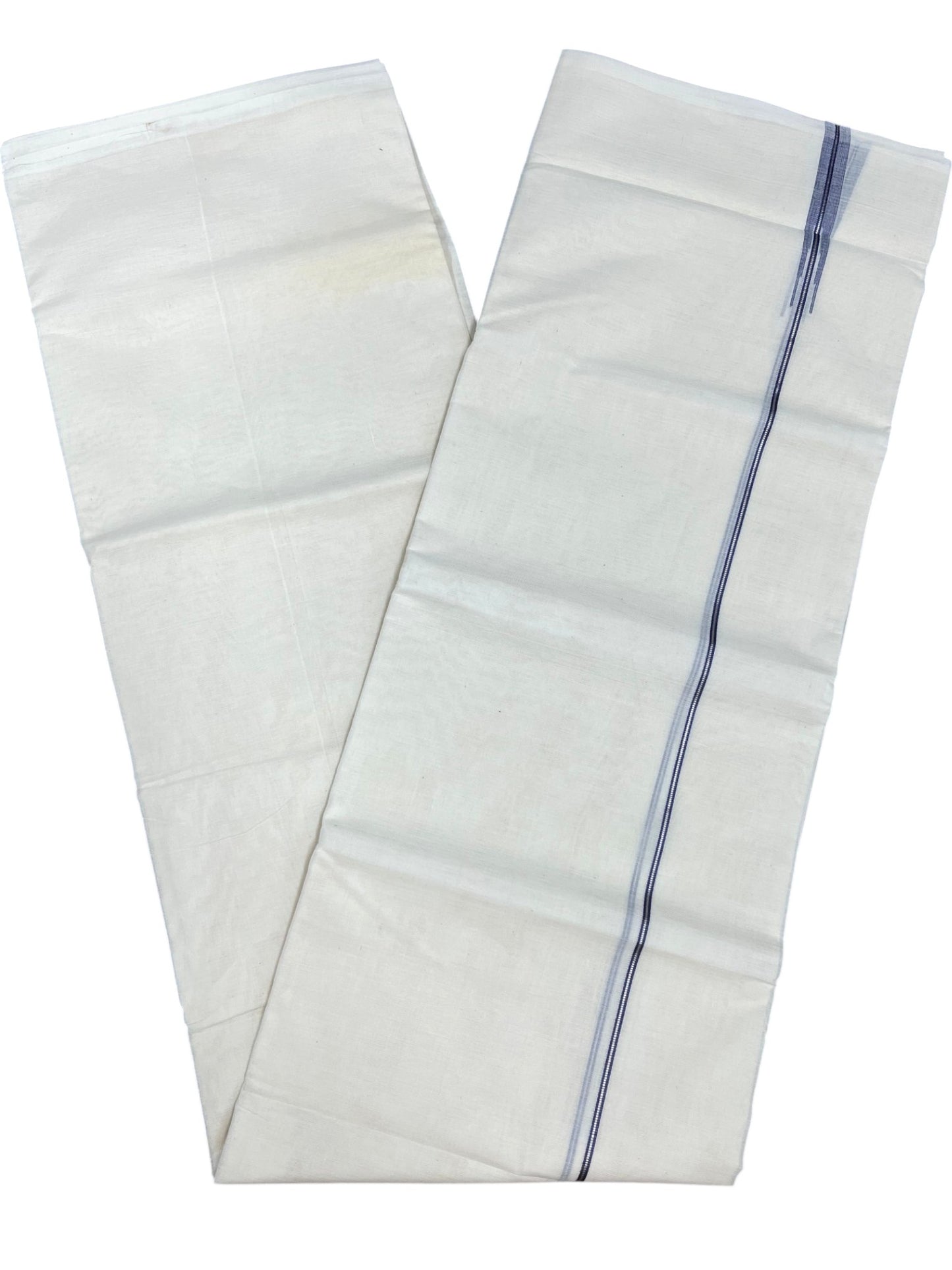 Kerala Pure Cotton Double Mundu with Blue And Silver Chutti Kara (South Indian Kerala Dhoti)