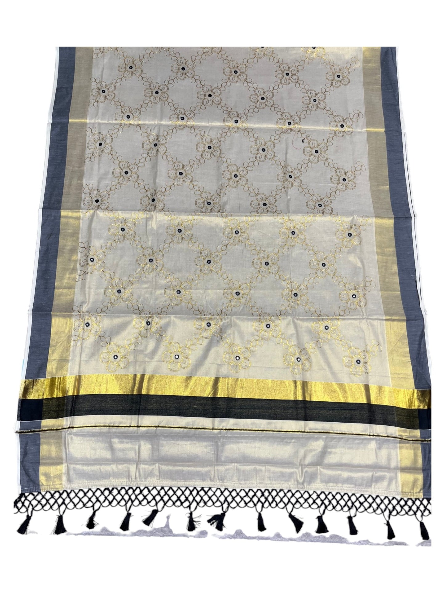 Kerala Tissue Kasavu Stripes Saree with Gold and Black Floral Embroidery Design on Body SL269
