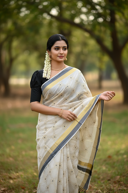 Kerala Tissue Kasavu Stripes Saree with Gold and Black Floral Embroidery Design on Body SL269