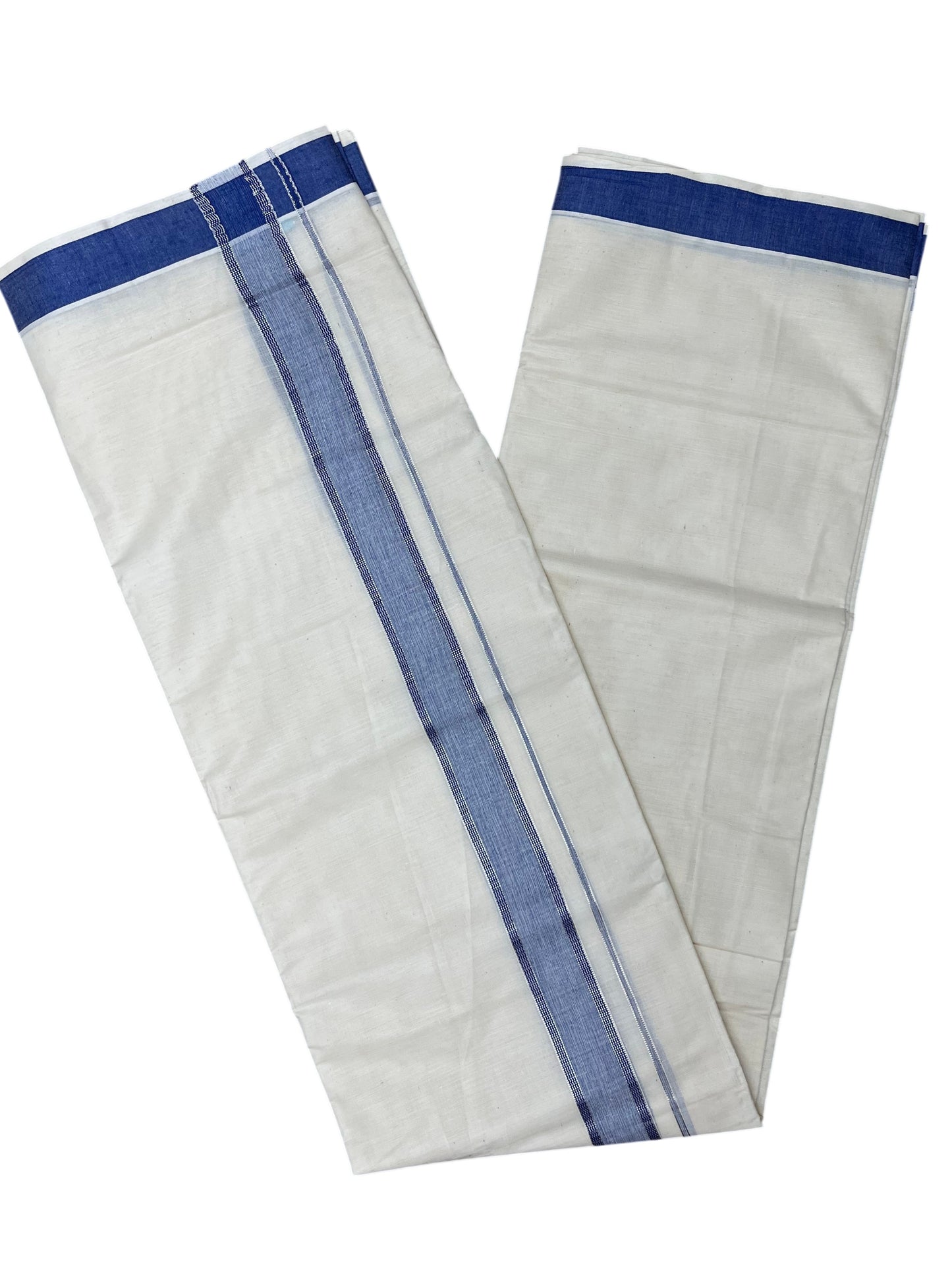 Southloom Kerala Pure Cotton Double Mundu with Silver Lines and Blue Border with (South Indian Dhoti)