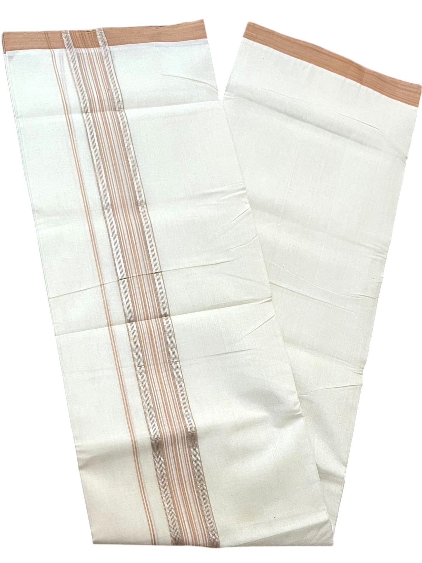 Southloom Balaramapuram Unakkupaavu Premium Handloom Cotton Double Mundu with Silver Lines and Brown Border